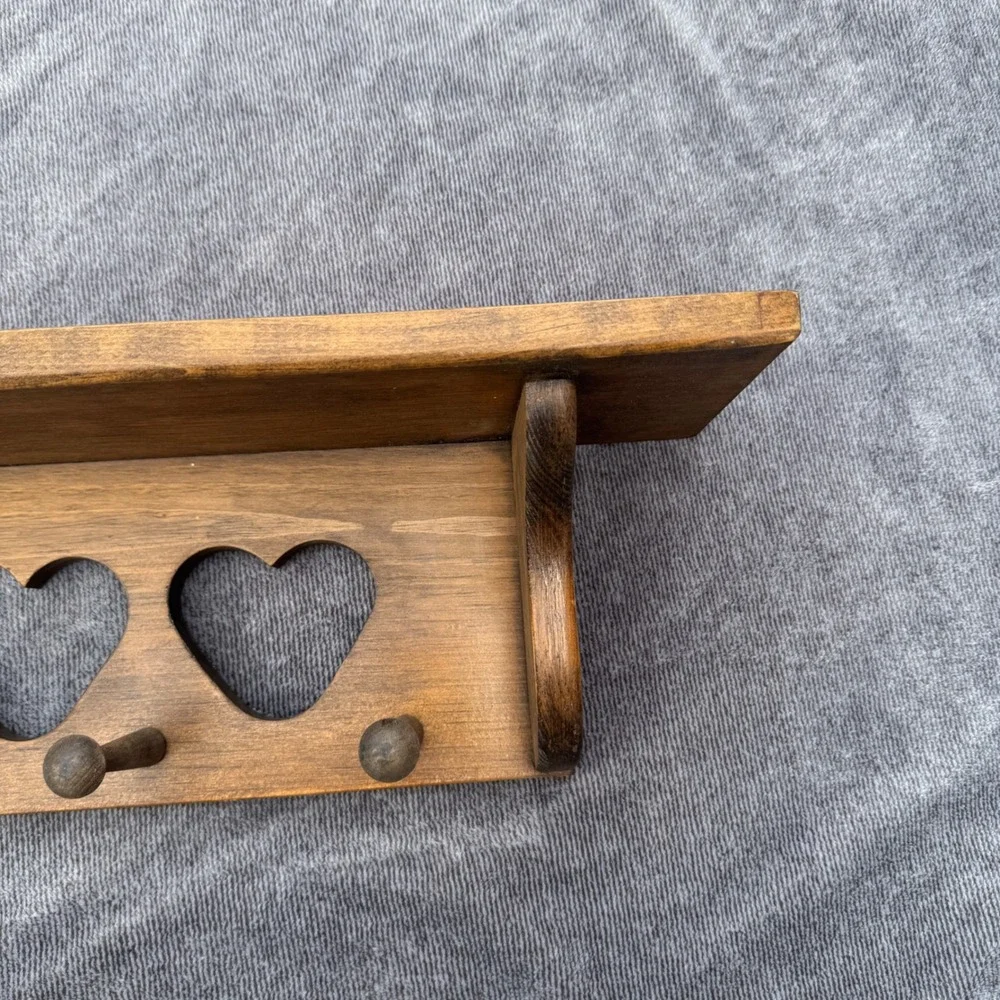 CottageCore Wooden Wall Shelf with Heart Cutouts and Hanging Pegs Vintage
